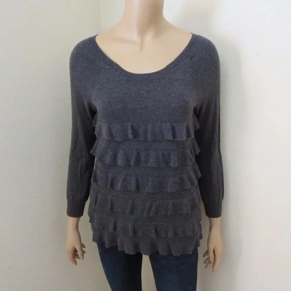 J Crew Wool Knit Ruffle Sweater Size XS Top Gray